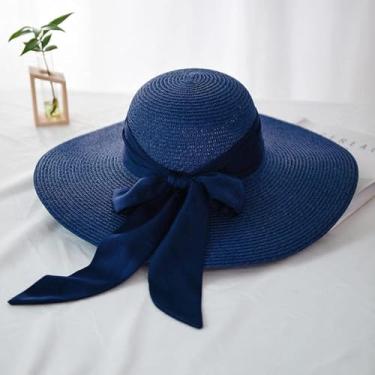 Imagem de Chapéu De Sol Chapéu De Palha Moda Feminina Chapéus De Sol Chapéu De Palha Fita Feminina Nó De Laço De Aba Larga Chapéu De Praia Casual Shade Cap, dark blue, 6 7/8-7 1/8