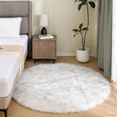 Imagem de Latepis Tapetes circulares de 2 metros para sala de estar, branco com pontas cinzas, pele de carneiro sintética, tapetes redondos para quarto, tapete lavável fofo, decoração de casa