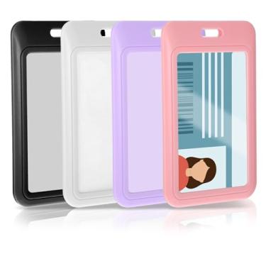 Imagem de Pacote com 4 porta-crachás deslizantes, protetores verticais de plástico rígido resistente com janela transparente, porta-cartões de identificação fofos à prova d'água para cordão, adequado para