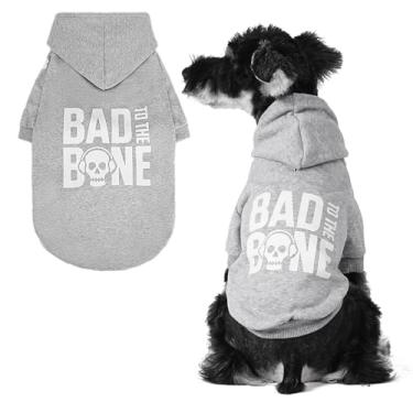 Imagem de BINGPET Bad to The Bone Suéter para cães com capuz e orifício para trela, moletom com capuz e casaco de inverno para cães pequenos a grandes, roupas para animais de estimação em clima frio (pequeno)