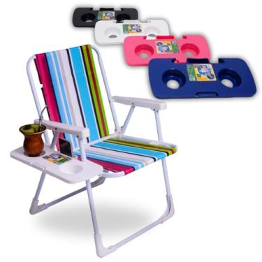 Imagem de Mesa Portátil para Cadeira de Praia, Suporte com Porta Copos, Celular e Cuia, Polipropileno, Disponível em Azul, Rosa, Branco e Preto, 39,5 x 17,5 x 7,5 cm (Preto)