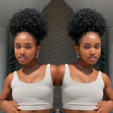 Imagem de Tmlkhl Rabo de cavalo afro puff com cordão para mulheres negras, extensão de rabo de cavalo, rabo de cavalo com cordão para mulheres negras, cabelo sintético curto afro kinkys cacheado afro extensão