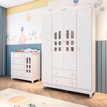 Imagem de Quarto de Bebê Provençal Lisa Cômoda Infantil com Porta  Guarda Roupa 4 Portas Branco Carolina Baby