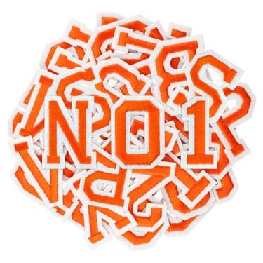 Imagem de Puideon 108 peças de adesivos de ferro em letras e números, alfabeto laranja bordado A-Z, números 0-9 apliques para roupas, vestidos, chapéus, meias, jeans, acessórios DIY