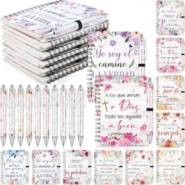 Imagem de Resurhang 30 conjuntos de presentes cristãos espanhóis para mulheres caderno espiral floral A6 e caneta esferográfica bíblica diário de oração bloco de notas religioso presentes de igreja de Natal