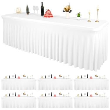 Imagem de Pacote com 6 roupas de mesa brancas de elastano para mesas retangulares de 2,3 m, capa de mesa resistente a rugas, saias de mesa elásticas laváveis para casamentos, festas, banquetes, festivais de