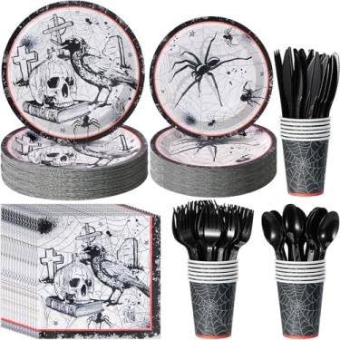 Imagem de Suprimentos para pratos de festa de Halloween, caveira vintage descartável, teia de aranha, pratos de papel e guardanapos, copos, facas, colheres, garfos para decoração de festa de chá de bebê,