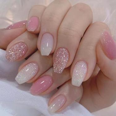 Imagem de Pregos postiços curtos de mola, com desenhos de glitter, pregos ombres brancos e rosa, cola brilhante nas unhas, unhas de acrílico, unhas postiças artificiais, 24 peças
