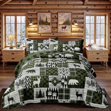 Imagem de Conjunto de colcha casal/queen com 3 peças, casa de fazenda, rústica, reversível, microfibra, macia, leve, edredom com 2 fronhas patchwork Country Lodge conjunto de colcha para todas as estações, 222