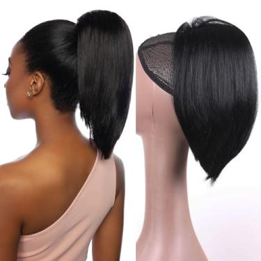 Imagem de ManeMajesty Extensão de rabo de cavalo liso cabelo humano 30,5 cm rabo de cavalo preto natural com cordão para mulheres negras para uso diário