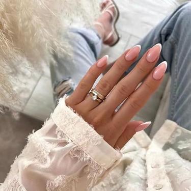 Imagem de Atuhua Unhas de ponta francesa – Kit clássico de unhas postiças de amêndoa branca com cola, conjunto de manicure de acrílico com 24 peças para mulheres, reutilizável, cobertura completa, cola, pregos