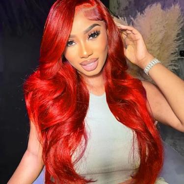 Imagem de Peruca vermelha realista com renda frontal cosplay peruca sintética de cor vermelha quente para cosplay para mulheres perucas de renda vermelha brilhante com linha do cabelo longo ondulado natural