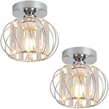 Imagem de Vechoicy Pacote de 2 lâmpadas de teto de montagem semi-embutida, gaiola de metal de 19 cm, luminária de teto de fazenda, lustre de cristal industrial para corredor, banheiro, cozinha (cromado 19 cm)