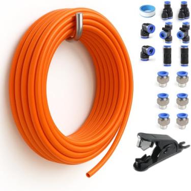 Imagem de Sctihwelire Kit de tubulação de ar PU 1/10.2 cm OD x 1/15.2 cm ID – Mangueira flexível vermelha de 12 m com encaixes de pressão para conectar, cortador de tubo – Kit de linha de ar pneumático para