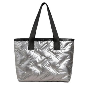 Imagem de ALWY Bolsa Puffer, bolsa de ombro acolchoada leve e acolchoada de algodão macio para bolsa de mão feminina (Prata)