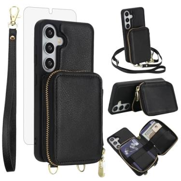 Imagem de Capa de celular para Samsung Galaxy S24/S25 5G carteira celular com protetor de tela de vidro temperado, alça transversal, suporte para cartão de crédito com bloqueio de RFID, S 24, 24S, 25, 25S, G5