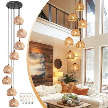 Imagem de AyshwillDec Lustres De Foyer De 8 Luzes Trançadas Para Teto Alto H100", Luminária Pendente De Vime Boho De 8 Cúpulas, Luminária De Teto De Fazenda, Luminária Rústica De Corda De Cânhamo Para Sala De