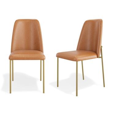 Imagem de Kit 02 Cadeiras Sala de Jantar Lior Encosto Estofado Base Dourada Couríssimo Whisky - Desk Design