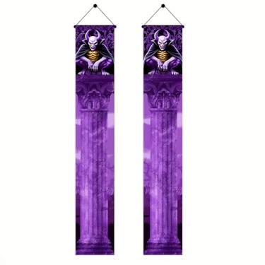 Imagem de BlissYard Gárgula gótica Halloween Varanda Banners 30,5 x 188 cm Coluna de Pedra Bandeiras assustadoras Bem-vindas, Feliz Dia das Bruxas, Banners pendurados assustadores de casa assombrada para festa