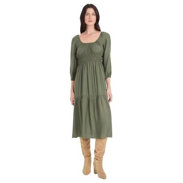 Imagem de The Good Journey Vestido midi feminino de manga 3/4 com gola redonda e cintura franzida - vestidos casuais de primavera, Tomilho, M