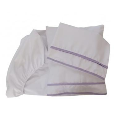 Imagem de Kit Berço Bebê 5 pçs Percal 100% Algodão 1 Lençol c Elástico 1 Lençol de cima 2 Fronhas 1 Travesseiro Cheio (Viés Lilás, Pequeno de solteiro)