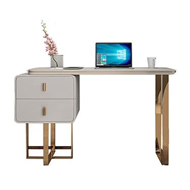 Imagem de YAYA2021-SHOP Escrivaninha para computador para escritório doméstico leve com armazenamento branca de madeira PC mesa de estudo moderna com 2 gavetas, base de aço inoxidável dourada para computador