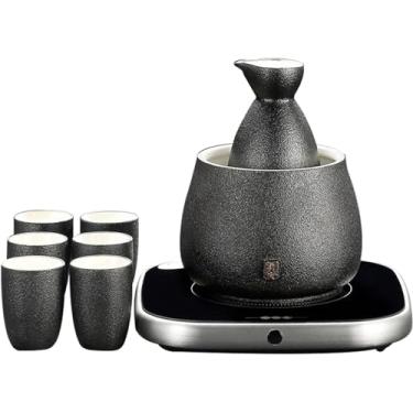 Imagem de JOEUQK Conjunto de saquê com copo mais quente e base de aquecimento, conjunto tradicional de saquê quente com 9 peças, incluindo 1 caneca de aquecimento, 1 pote de saquê, 6 copos de saquê e base