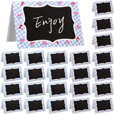 Imagem de TaoBary 24 peças de decoração de festa de piquenique azul cereja guingão 10 x 15 cm cartões de barraca dupla face mini lousa etiquetas para piquenique, churrasco, casamento, mesa, número de comida