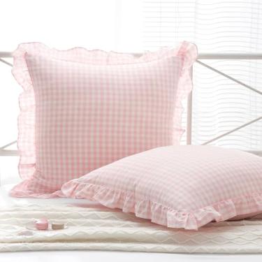 Imagem de K MASANIJI Pacote com 2 capas de travesseiro euro guingão blush, 100% algodão lavado, xadrez, casa de fazenda, decorativas, para cama/sofá, fecho de zíper - 56 x 56 cm