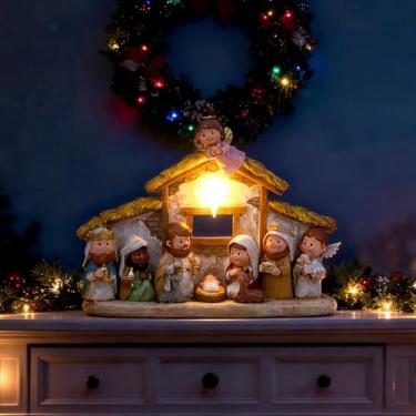 Imagem de Presépio de Natal com luzes LED, conjunto de presépio para pequenas pessoas, figuras de presépio com manjedoura e pequenos animais para presente de Natal