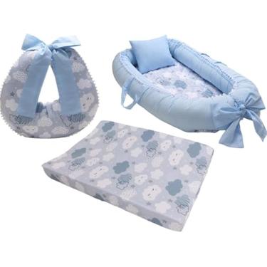 Imagem de Kit Berço 3 Peças, Ninho Redutor, Almofada de Amamentação, Trocador para Menino (Nuvem azul)