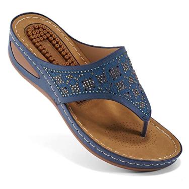 Imagem de Sandálias femininas chinelos para mulheres com suporte de arco almofada verão casual strass sandália plataforma função de massagem, Azul, 10