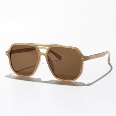 Imagem de Óculos de sol quadrados modernos com ponte dupla para homens e mulheres, piloto, aviador, para esportes de viagem ao ar livre, UV400, Armação marrom/lente marrom, Lens Width: 57 Millimeters