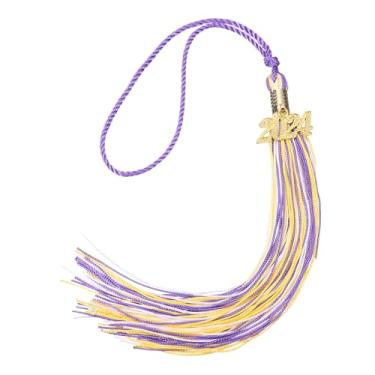 Imagem de Borla de formatura 2024, borla de boné de formatura de cor tripla com pingente de ouro de 2024 anos para bricolage, cerimônias de pós-graduação, decoração de chapéu de formatura, roxo, amarelo, branco
