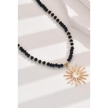 Imagem de Colar com pingente de sol criativo estilo boêmio incrustado com strass, estrelas e lua, colar de contas de vidro preto, joia moderna para presente