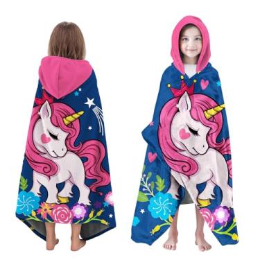 Imagem de Neapth Toalha de banho de unicórnio para meninas, toalhas de praia com capuz para crianças de 4 a 8 anos, toalhas de banho com capuz para crianças adolescentes 76 x 127 cm, toalhas azuis marinhas de