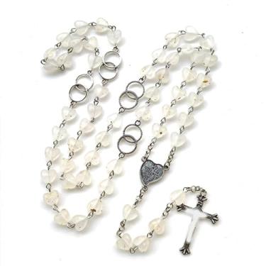 Imagem de Colar de rosário vintage vazado com contas de coração rosa com pingente de vidro, joia de oração cristã, colar de cruz para pendurar na parede, Medium, Vidro Metal, Vidro