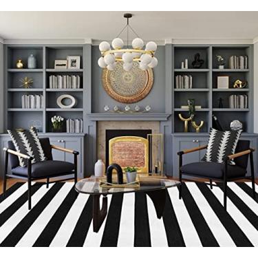 Imagem de Seavish Tapete preto e branco, tapetes de pátio externo de 1,5 x 2,4 m, feito à mão, algodão, fazenda, Natal, Halloween, tapetes laváveis à máquina para sala de estar, entrada, escritório, sala de