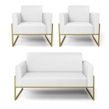 Imagem de Sofá Namoradeira Com 2 Poltronas Base Industrial Alta Dourado Marisa Corino D03 - D\'rossi Cor Branco