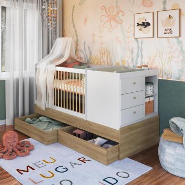 Imagem de Berço Infantil Multifuncional Menino Menina 194cm Com Cômoda, Trocador E Gavetões Com Rodas Aveiro Com Branco