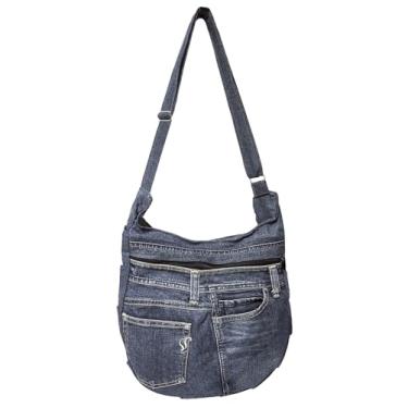 Imagem de Bijoux de Ja Bolsa tiracolo feminina com pregas jeans Upcycled, bolsa jeans feita à mão com alça ajustável e bolso, Azul, Medium