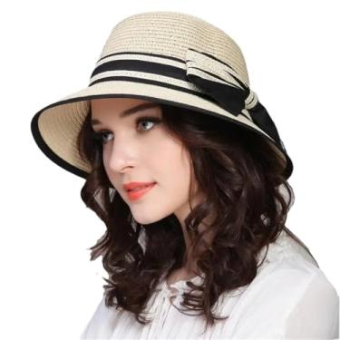Imagem de Chapéu de palha feminino de verão, chapéu de palha de praia, protetor solar, aba larga, dobrável, chapéu de velejador, bege, tamanho único