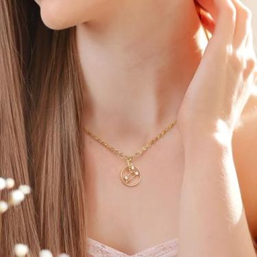 Imagem de Colares do zodíaco para mulheres, pingente de moeda banhado a ouro com joias de zircão, pingentes delicados de astrologia, horóscopo, pingente de aço inoxidável, presente personalizado de aniversário