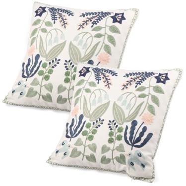 Imagem de HJJWNDDNG 2 capas de almofada bordadas de lona decorativa de 45,7 cm com zíper oculto para sofá cama sala de estar, lavável na máquina (planta B)