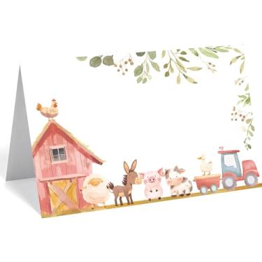 Imagem de 24 peças de cartões de lugar de animais de fazenda, rótulos temáticos de animais de celeiro e cartões de nome de barraca para chá de bebê e decoração de mesa de festa de aniversário suprimentos