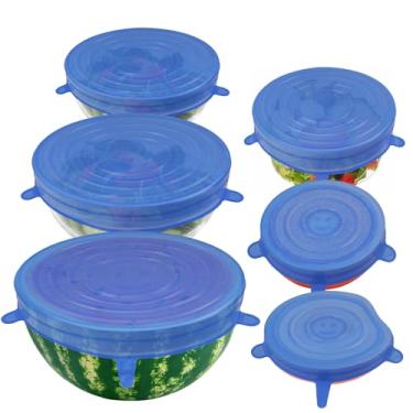 Imagem de 6 peças de tampas elásticas de silicone – Capas reutilizáveis para armazenamento de alimentos, adequadas para vários recipientes de alimentos, fornos de micro-ondas, freezers (azul)