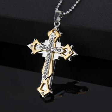 Imagem de Colar grande de cruz gótica com pingente de cruz de diamante, colar de aço inoxidável, presente cristão para homens e mulheres, One Size, Aço inoxidável, Sem Pedra Preciosa