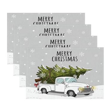 Imagem de Jogo americano de Natal conjunto de 4 para mesa de jantar – Caminhão branco vintage de 30 x 45 cm carregando uma árvore de Natal na neve para decoração festiva de mesa de cozinha