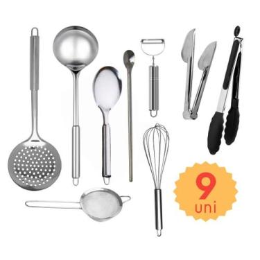Imagem de Kit Jogo 9 Utensílios de Cozinha em Inox Pegador Silicone Monte seu Ki