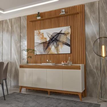 Imagem de Painel Ripado 184cm com Buffet Ripado 4 Portas 180cm - Off White e Cedro